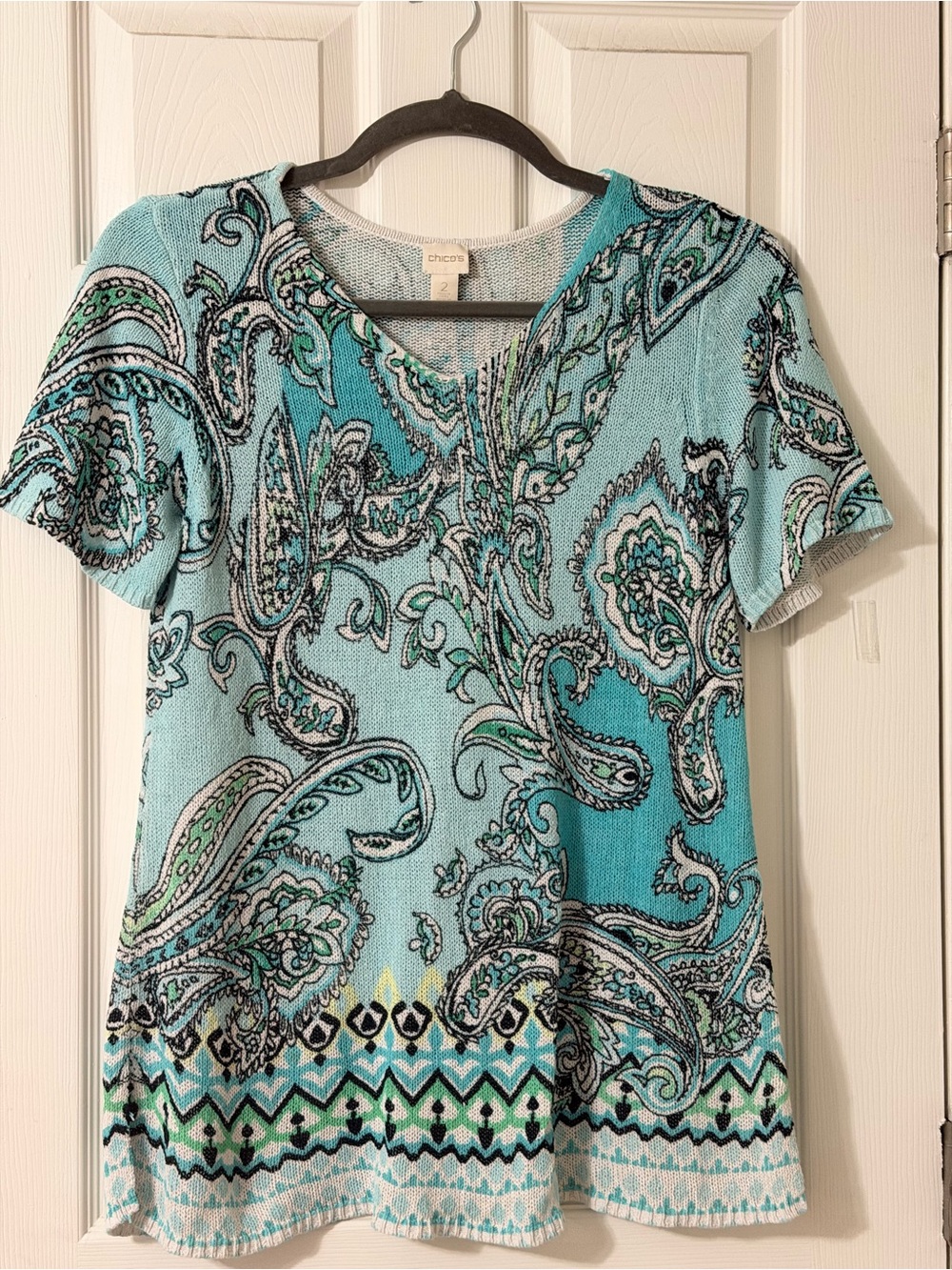 Chico's Aqua & Teal Paisley Short-Sleeve Knit Top